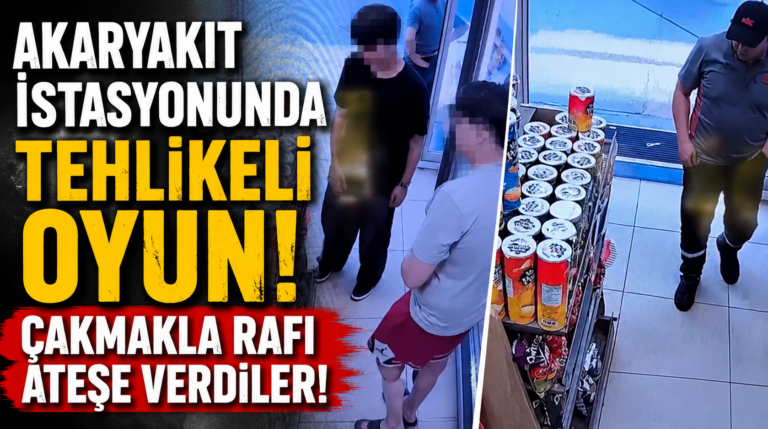 Akaryakıt İstasyonunda Tehlikeli Oyun! Çakmakla Rafı Ateşe Verdiler